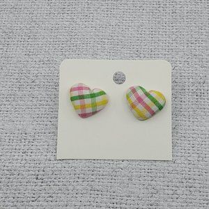 Spring Time Plaid Heart Fabric Post Back Stainless Steel Handmade Earrings